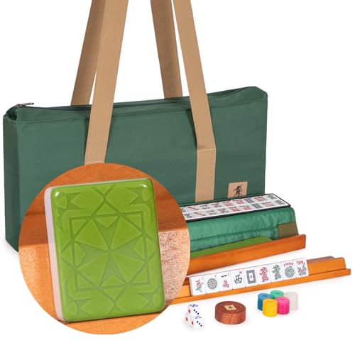 Yellow Mountain Imports American Mahjong Set, 'Verdant Santorini” - 166 Tiles with Green Soft Case, Wooden Racks with Pushers, Scoring Coins, Dice, and Wind Indicator