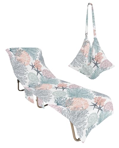 Teal Orange Red Coastal Beach Lounge Chair Towel Cover, Soft Chaise Lounge Towel with Side Pockets Patio Pool Chairs Cover for Beach/Pool Sunbathing 29x85 Summer Beach Coral Nautical Seaside