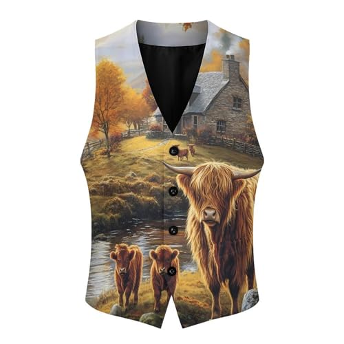 Highland Cow Farmhouse Men's Suit Vests Business Formal Dress Vest V-Neck Waistcoat for Wedding Casual4