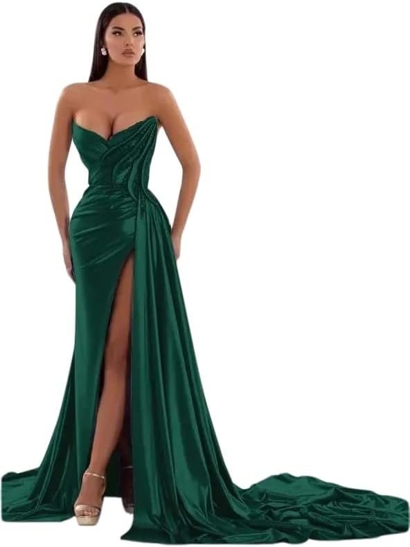 Strapless Beaded Mermaid Prom Dresses for Women 2026 Long Satin Formal Evening Party Gowns with Slit FC818