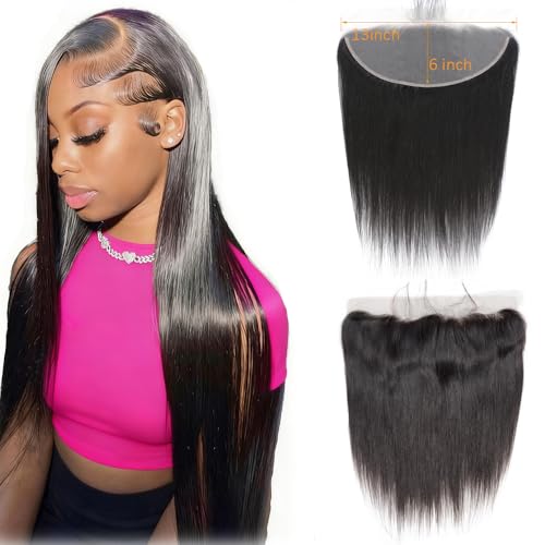 YOMIO 13x6 Lace Frontal HD Lace 12 Inch Straight Human Hair Frontal 12A Grade Brazilian Virgin Human Hair Frontal Pre Plucked with Baby Hair 150% Density Natural Black Color