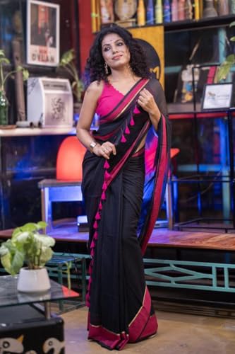 Image of Sudip callection Handloom Mul Cotton Saree for Women - Bottle Green with Pink Border Golden Zari Line & Tassel Pallu