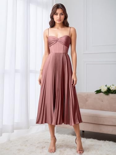 A-Line Satin Bridesmaid Dresses for Women Pleated Tea Length Spaghetti Straps Corset Wedding Guest Dress4