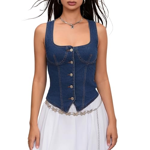 Women Denim Tank Tops Y2k Summer Sleeveless Cami Tops Square