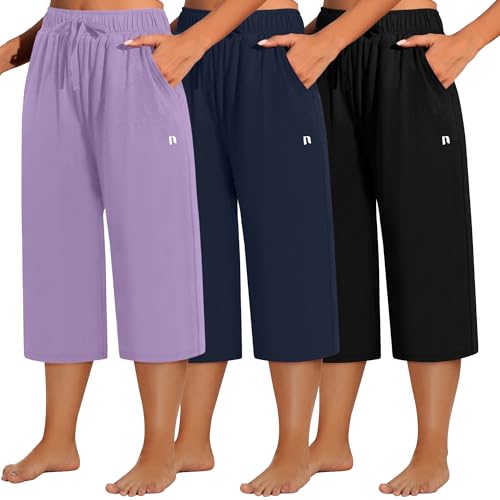 Neer 3 Pack Women's Plus Size Capris, Cotton Wide Leg Pants Casual Drawstring Capri Sweatpants Drawstring Pants with Pockets