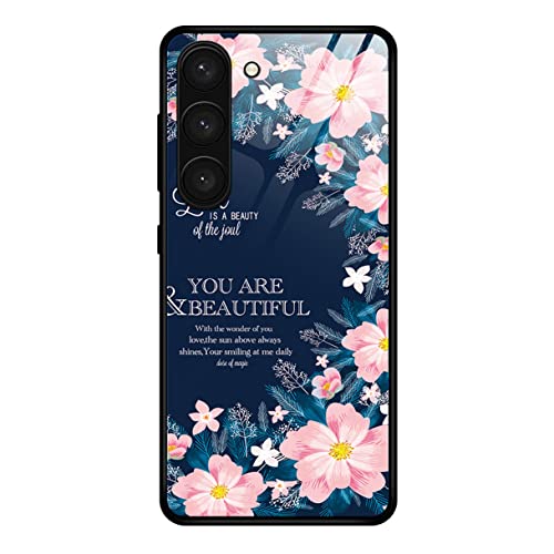 HAOYE Coque pour Samsung Galaxy S23 5G, Dos en Verre Trempé + TPU Bumper Souple Silicone Ultra Mince Housse, Motif Élégant Brillant Étui Antichoc Case Cover, Fleurs colorées Cover