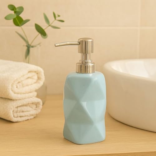 Image of Ceramic Soap Dispenser 330ml (Set of 1) | Blue Diamond Design | Multipurpose Lotion, Hand Wash & Liquid Soap Pump Bottle | Refillable Bathroom & Kitchen Accessory | Blue