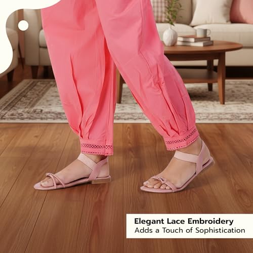 Image of Happy Bunny Women's Cotton Afghani Salwar with Lace Embroidery Detailing - Elastic Waist, Comfortable Loose Fit Bottoms for Casual, Ethnic