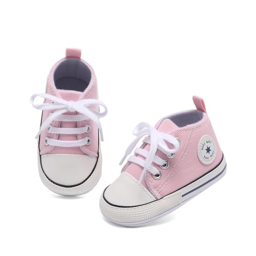 Image of Unisex Baby Girls Boys Canvas High-top Shoes, Newborn Infant Anti-Slip Soft Sole Frist Walking Breathable Sneakers