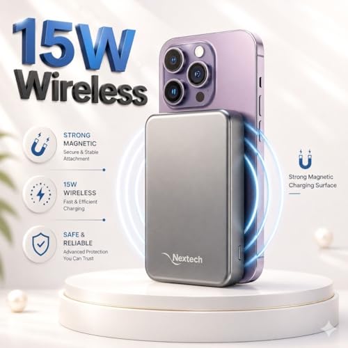 Image of Nextech Mag-Safe Magnetic Wireless Power Bank 10000mAh | 22.5W Fast Charging PD Type C | 15W Powerbank for iPhone & Android | Compact Slim Portable Charger with LED Indicator - Metallic Grey