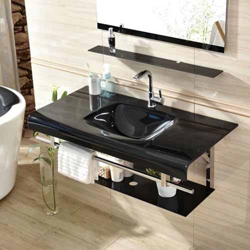 モダンな壁掛け式バスルーム洗面化粧台セット、 強化ガラストップシンク、 ミラーと棚、 現代的なフローティングデザイン、 バスルームの省スペース化を実現(Black-Red,60x50cm)