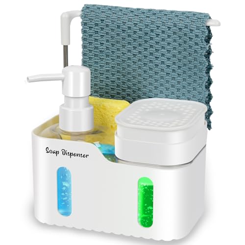 Listado de Soportes para paños de cocina Top 10. 42 Juego de dispensador de jabón de manos y jabón de platos para cocina, dispensador de jabón doble con soporte de esponja y soporte para paños de cocina, organizador 4 en 1 para...