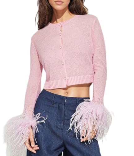 UAURORAO Women Knitted Cropped Cardigan Crewneck Feather Trim Long Sleeve Shirts Fluffy Button Down Fuzzy Sweaters Shrug(Pink,Small)