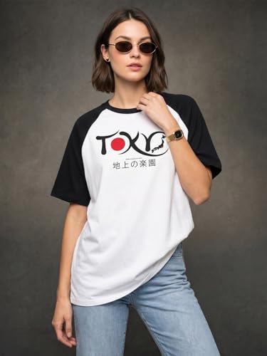 Image of JUNEBERRY Round Neck Drop Shoulder Round Neck Black & White Graphic Printed Pure Cotton Oversized Baggy Fit Half Sleeve T-Shirt for Women & Girls (Sizes: S to 2XL)
