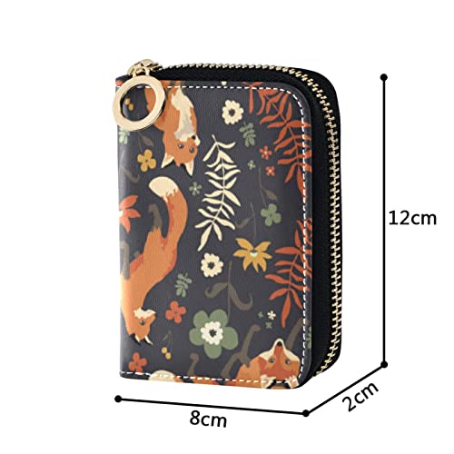 Seamless Orange Foxes Walk in Grass and Floral Flowers on Dark Grey Credit Card Coin wallet, RFID Blocking Compact Women Leather Card Holder, Key Change Organizer, Zipper Purse Clutch Pouch4