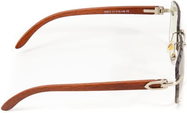 Luxury Square Rimless Gem Cut Retro 90's Hip Hop Diamond Cut Lens Mint Green Gradient Tint Lens Silver Metal Frame Woodgrain Arm Sun Glasses Frameless Rectangle Shades Sunglasses For Men And Women - Image 5