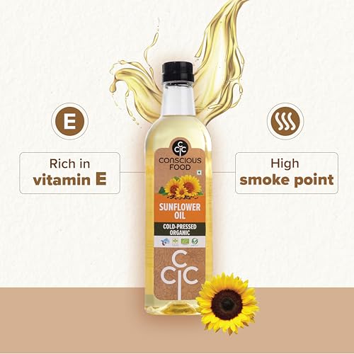 Image of Conscious Food Cold Pressed Sunflower oil in Pet bottle | High in Antioxidants, Delicious & Healthy | Sunflower Cooking Oil - 500ml
