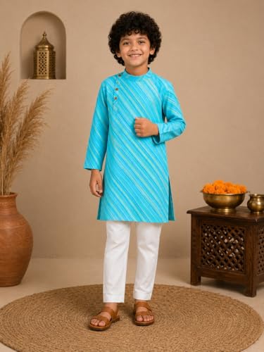 Image of superminis Cotton Boys Sanganeri Lehariya Printed Kurta Set with White Pyjama Elastic Closure