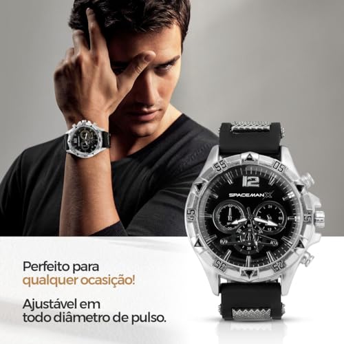 Relogio masculino prateado black piano casual borracha grande + pulseira e cordão prata grumet inoxi