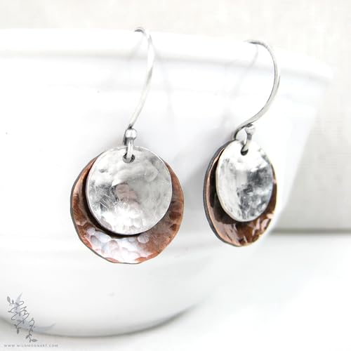 Mixed-Metal-Antiqued-Copper-Sterling-Silver-Earrings-Small-Upcycled-Hammered-Silver-Dangle-Earrings-Rustic-Minimalist-Boho-Jewelry-Copper-Earrings-Gift