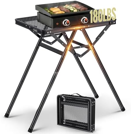 Anbte 2ft Folding Grill Table, Supports 180 Lbs 2 Adjustable Height 28” Portable Grill Table Heat-Resistant Tabletop, Folding Metal Table for Cooking Patio Camping BBQ Outdoor, 24" X 16", Black