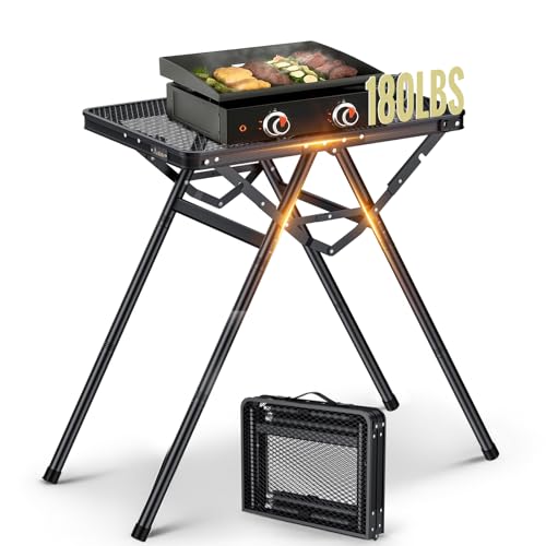 Anbte 2ft Folding Grill Table Supports 80 kg 2 Adjustable Height 71cm Portable Grill Table Heat-resistant tabletop for Camping BBQ Cooking Backyard 60cm x 40 cm Black