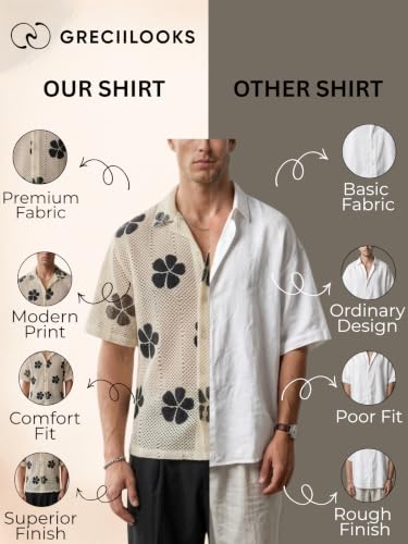 Image of GRECIILOOKS Men`s Shirt | Mens Casual Crochet Knitted | Half Sleeve Printed Crochet with Cuban Collar Shirt`s | Relaxed fit Down Shoulder Textured & Stylish Premium Mens Shirt