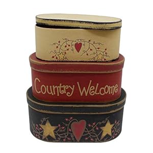 CVHOMEDECO. Farmhouse Oval “Country Welcome” Cardboard Nesting Boxes, Large 9-3/4 x 5-1/2 x 4 Inch, Set of 3. CVHOMEDECO Farmhouse Oval Country Welcome Cardboard Nesting Boxes Large 9 34 x 5 12 x 4 Inch Set of 3