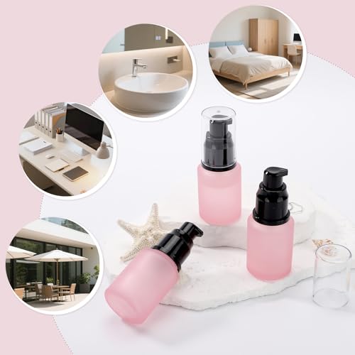 Image of Segbeauty 1oz Frosted Glass Travel Bottles for Toiletries, Pack of 3 Refillable Travel Lotion Bottle, Pink Makeup Pump Dispenser Cream Lotion Containers, 30ml Leak Proof Cosmetic Bottles for Women