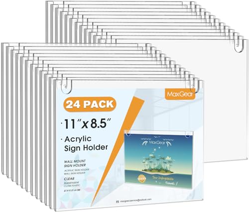 Image of MaxGear Wall Mount Sign Holder, 8.5 x 11 Landscape, 24 Pack | Includes Adhesive Tapes and Screws, Clear Acrylic Display for Signs, Notices and Documents, Ideal for Office, Home, Store