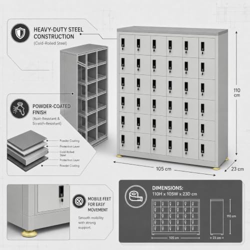 Image of Amazon Brand - Solimo 30-Door Mobile Locker Cabinet Lockable Heavy-Duty Steel Cabinet Compartments for Phones Wallets & Valuables Ideal for Office, School, Gym, Warehouse (Grey)