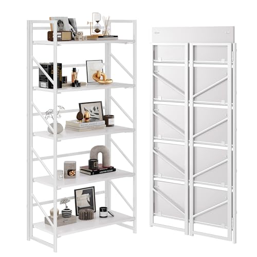 JSB No Assembly Folding Bookshelf, 5 Tier Industrial Metal Book Shelf for Storage, Vintage Wood Foldable Bookcase for Living Room, Bedroom, Office Organization Shelves