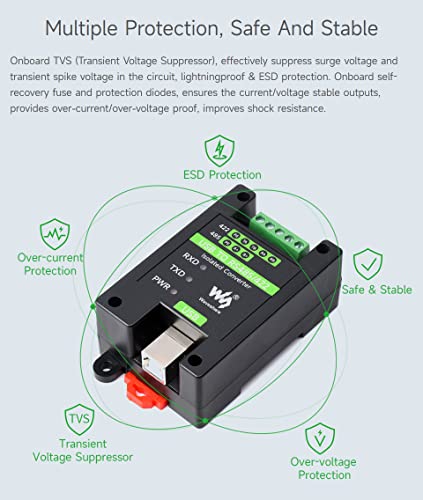 Waveshare USB to RS485/422 Industrial Grade Isolated Converter, Onboard Original FT232RL and SP485EEN, Multiple Protection, Wall-Mount and Rail-Mount Support - Image 6