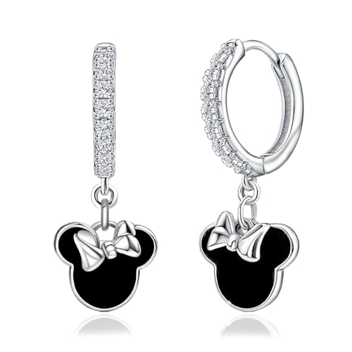Sterling Silver Black Mouse Earrings For Women Black Drip Glue Mouse Dangle Hoop Earrings Sparkling Mini Cute Mouse Bow Animal Princess Huggie Jewelry Gifts for Daughter Birthday