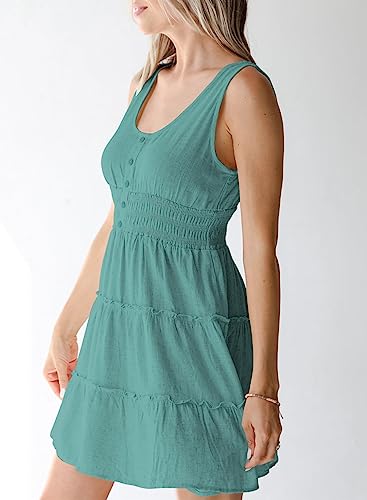 Image of Dokotoo Womens Summer Dresses 2026 Sleeveless Button Down Smocked Empire Waist Ruffle Tiered Casual Swing Mini Dress