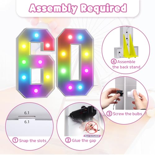 Image of Imprsv Colorful 3FT Marquee Numbers Light up Numbers 60 Birthday Decoration | RGB with Remote, Party Decorations Anniversary Wedding Decorations Assembly Required Foam Board 40 Pcs Accessory Set