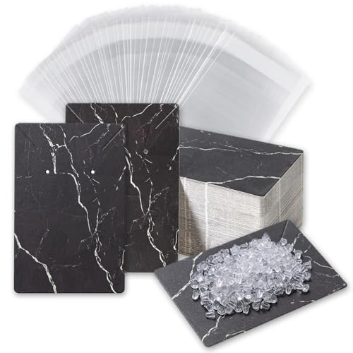 Earring Cards, Set Jewelry Making Supplies with 100 Pcs Earring Holder Cards 200 Pcs Earring Backs and 100 Jewelry Packaging for Earrings Necklace Jewelry Display, Bags 3.5x2.4 Inches (Marble Black)