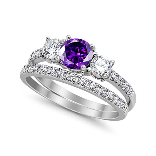 3-Stone Wedding Bridal Set Ring Band Round Created Opal CZ Black Tone 925 Sterling Silver2