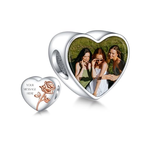 Annmors Charm de Bead Personalizsdo Foto 925 Plata Esterlina en Forma de Corazón Abalorios Dije de Foto Personalizado para June Rose Pulsera Europea Charm Regalos de Familia y Amigos