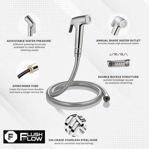 Image of B-06 ABS Health Faucet with 1.2 Meter 304 Grade Stainless Steel EPDM Flexible Hose and Wall Hook l Jet Spray for Bathroom | 1 Year Warranty | Chrome (Complete Set (Gun + Hose + Hook))