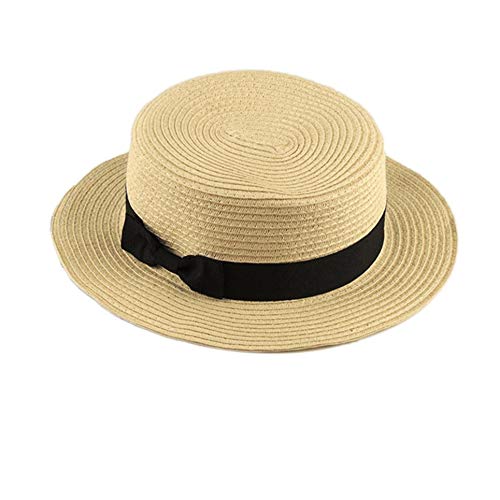 Wenjie Diseño de Moda Niños Niñas Mujeres Adultas Verano Protector Solar Sombrero de navegante Tejido clásico Paja Señoras Sombrero de Playa Plano - Beige