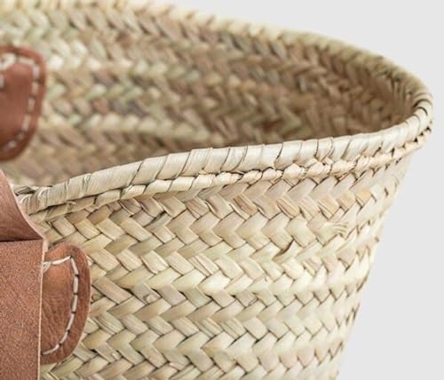 Bolso de mercado francés con asas planas dobles de cuero – Elegante bolso de paja marroquí para la playa y uso diario miniatura 6