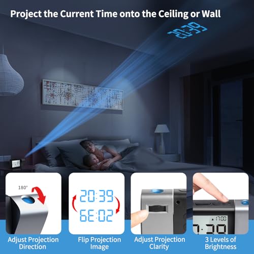 Image of Projection Alarm Clock for Bedroom: Digital LCD Clock with Temperature Date Snooze 12 /24H and Weekend Mode, Easy Set Dimmer Clock with 2-Levels Volume, Mains and Battery Operated (Blue)