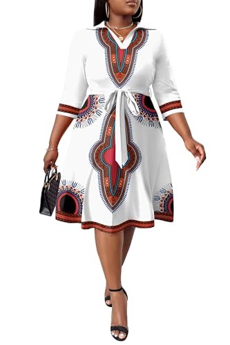 Image of FANDEE Plus Size Midi Dress for Women - Printing Summer Dresses for Wedding Guest Cocktail Party 3 /4 Sleeve V Neck(L-5XL)