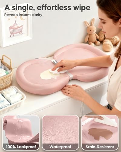 Image of Baby Changing Pad, Waterproof Wipe-Clean Non-Slip Foldable PU Surface with Adjustable Safety Belt, Compatible with Dresser & Changing Table, 30 inchX18 inch, Pink