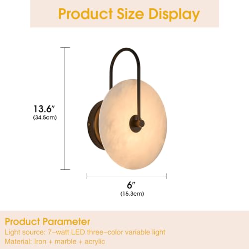 Yanokooe Alabaster Wall Sconces Set of 2, Black Modern LED Wall Sconces, Round Natural Marble Lampshade, 3 Color Adjustable, Hardwired, Indoor Wall Lighting for Hallways, Bedrooms, Stairways by Yanokooe - Used condition - Image 4
