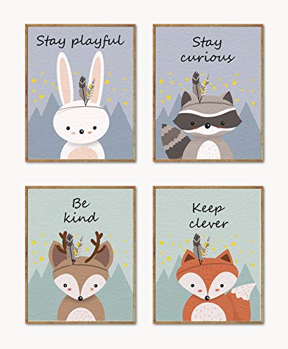 6 Set- Woodland Animal Art Print, Safari Fox Rabbit Reindeer Bear Mountain Inspirational Quote Canvas Wall Print For Kids Bedroom Nursery Decor (Unframed, 8"X10") #TOP2
