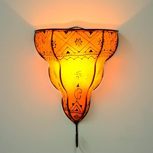 260266 Applique murale orientale pour l'intérieur avec cloche orange 33 cm Lampe en cuir Lampe au henné Maroc Applique murale vintage avec armature en fer Abat-jour en cuir oriental Fait main