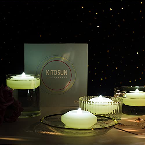 Image of KITOSUN Floating Candle Flicker Wax LED Floating Candles Flameless Batteries Power Tea Lights Water Activated for Wedding Home Party Centerpiece Vases Bath Outdoor Pool Pond Decor (12 Pack, White)