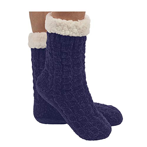 Snoozies Womens Sherpa Socks | Womens Chenille Cable Sherpa Lined Socks | Warm Soft Cozy Fuzzy Fleece | Sherpa Socks for Women | Fits US Womens Shoe Sizes 5-10 | Navy